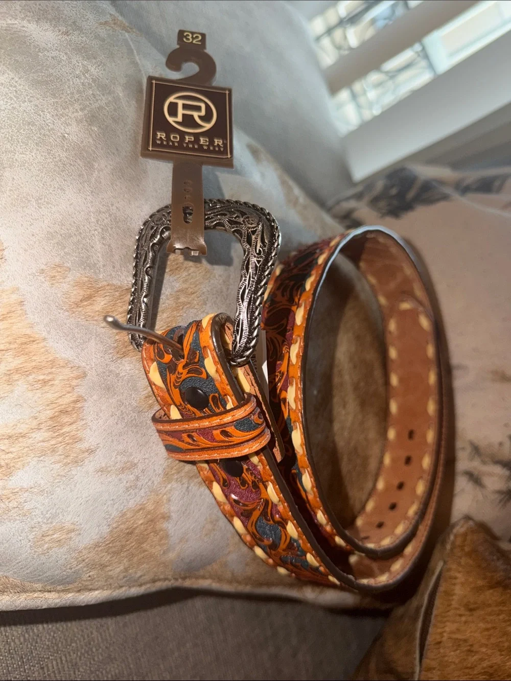 $130 NWT ROPER BELT FLORAL TOOLED HAND PAINTED GENUINE LEATHER Size 32
